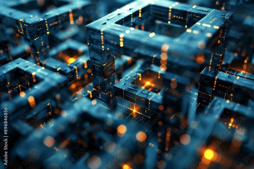 Poster complex and innovative architecture in a futuristic city skyline, capturing the complexity of blockc