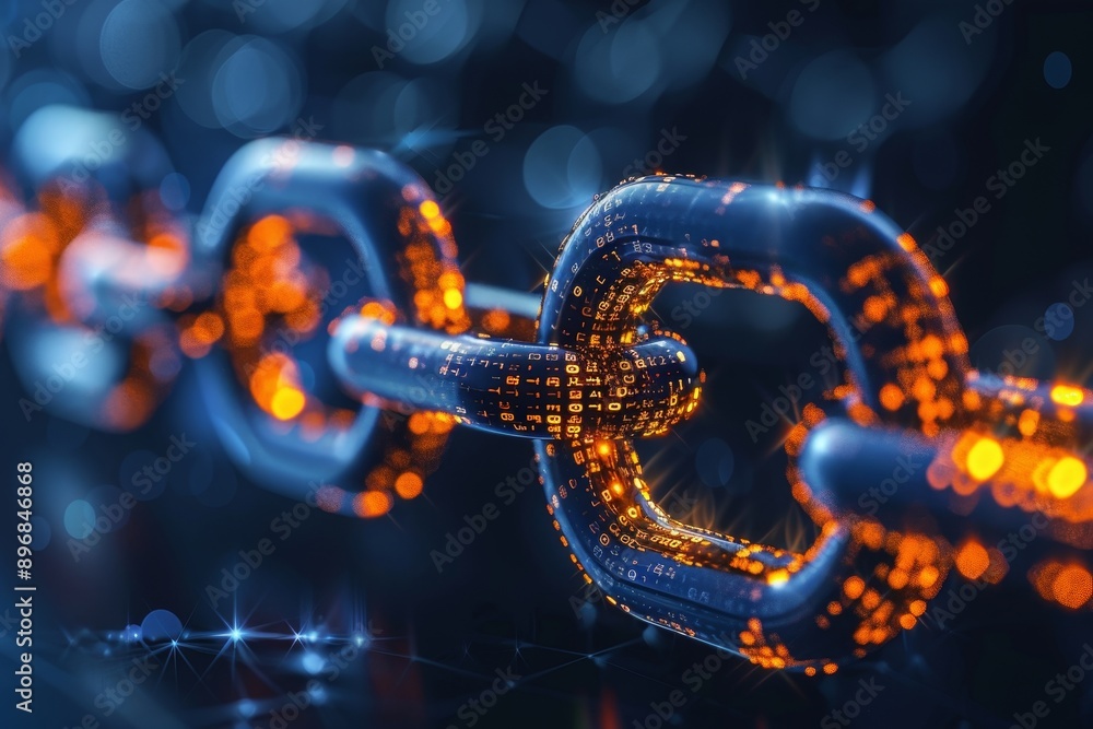 Poster a detailed view of a metallic chain adorned with glowing lights, capturing the complexity of blockch