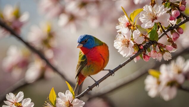 A vibrant and colorful painted bunting perched on a blooming cherry blossom branch, its feathers shimmering in the sunlight