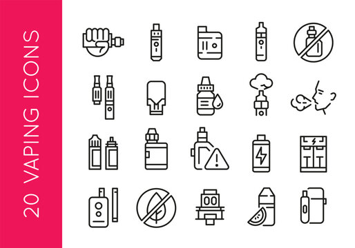 Vaping icons. Set of 20 vaping trendy minimal icons. Hand holding vape, vape pen, e-liquid bottle and person vaping icon. Design signs for web page, mobile app, packaging design. Vector illustration