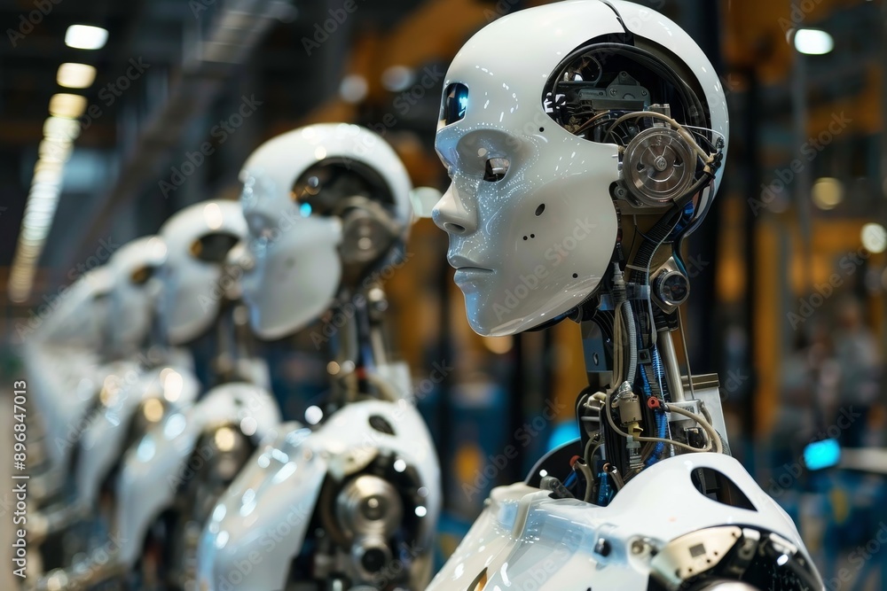 Poster a row of white robots working in a manufacturing plant, assembling products in a precise and efficie