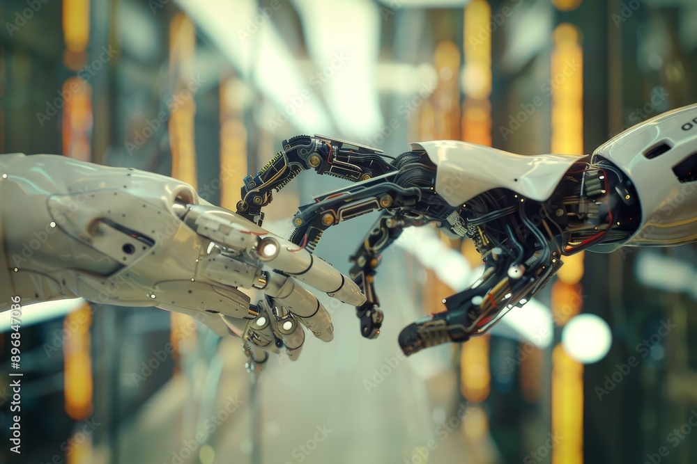 Poster two robotic hands connect in a gesture of contact, explore the concept of artificial intelligence re