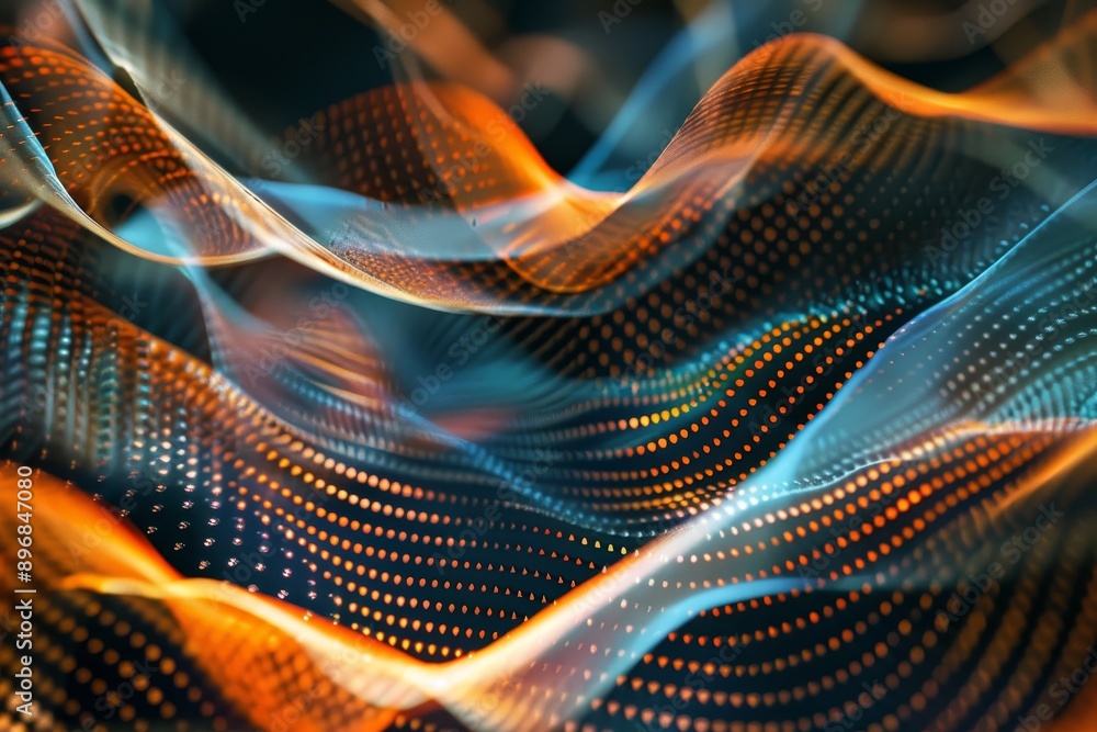 Poster an abstract representation of an orange and blue wave merging and intertwining in a dynamic pattern,