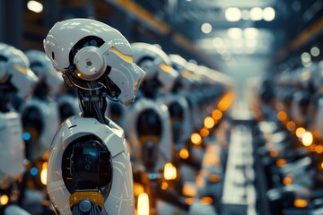 Fototapeta premium A row of robotic arms working in unison on an assembly line in a manufacturing facility, Explore the concept of artificial intelligence replacing traditional human labor