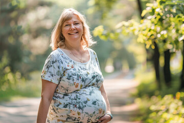 Fototapeta premium Happy smiling middle age senior gray haired regnant woman expecting baby at aged pregnancy holding belly in sunny park. Motherhood in any age, old-timer