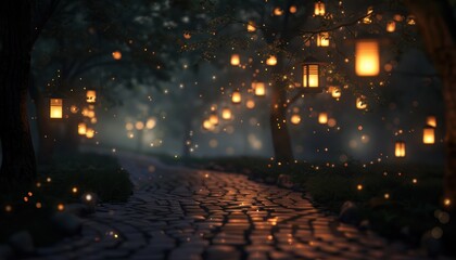 A magical path through a forest illuminated by glowing lanterns. The scene is ethereal and dreamy, perfect for fantasy or fairytale themes.