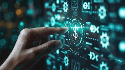 Hand Interacting with Digital Dollar Symbol Interface