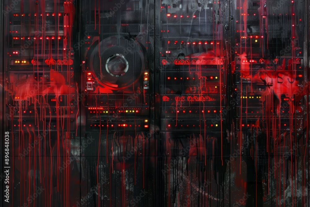 Poster red painted computer server, explore the idea of data security within nas systems through an art pie