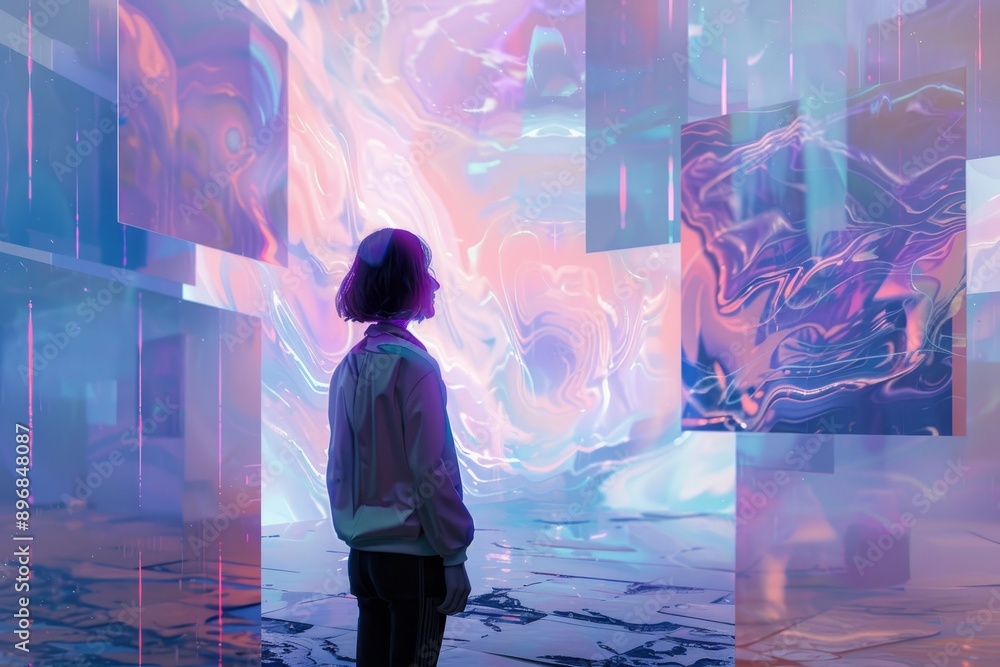 Poster a person standing in front of a vibrant and colorful room filled with various hues of paint on the w