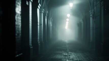 Fototapeta premium A mysterious and foggy alleyway with a single light source at the end. The atmosphere is eerie and dark, creating a sense of suspense.