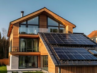 Close-up of a new suburban house with a photovoltaic system on the roof. Simple and modern environmentally friendly house with solar panels on the gable roof, with sunlight during the day