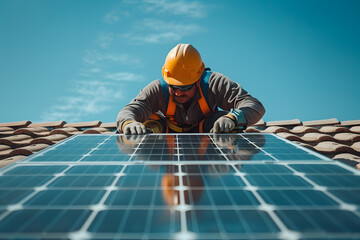 An operator placing solar panels on a roof of a house with all the necessary tools around him