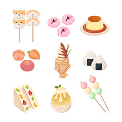 Japanese street food set. Shiba inu dango, sakura mochi, purin, nerikiri, taiyaki ice cream, onigiri, fruit sando, kakigori, and dango.