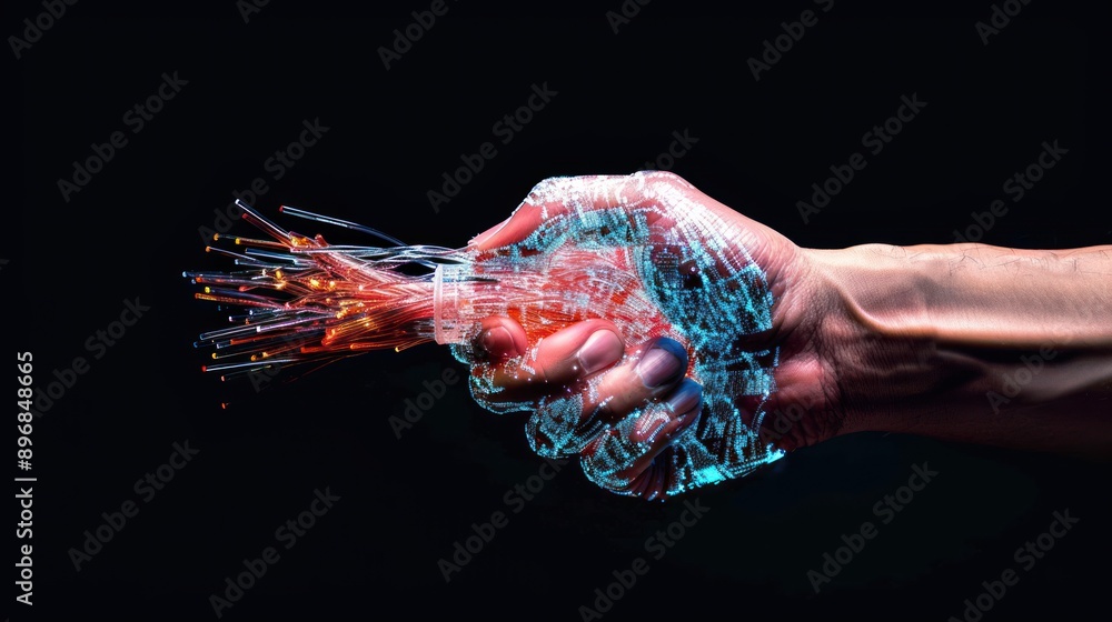 Poster empowering business connectivity: hand holding network cable for enhanced communication and networki