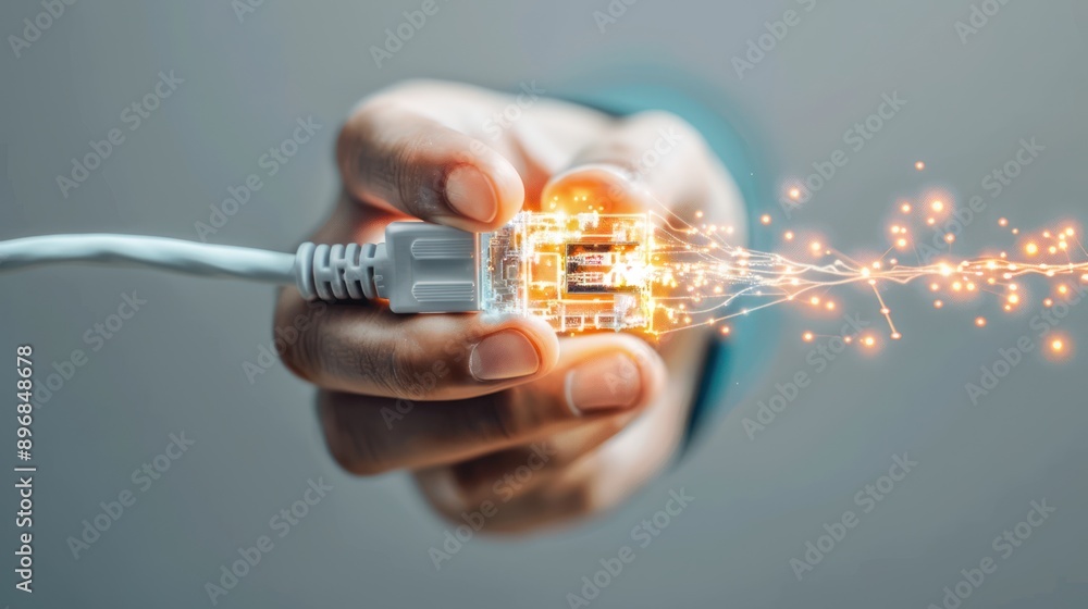 Poster seamless connectivity in business: hand holding network cable exemplifying networking and technology