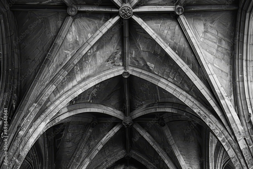 Poster black and white image showcasing intricate pointed arches and ceiling details in a gothic cathedral,