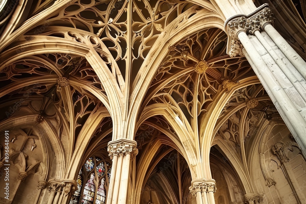 Poster detailed view of ornate pointed arches inside a gothic cathedral, explore the intricate details of p