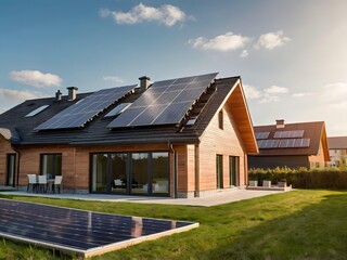 Fototapeta premium Close-up of a new suburban house with a photovoltaic system on the roof. Simple and modern environmentally friendly house with solar panels on the gable roof, with sunlight during the day