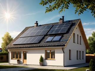 Obraz premium Close-up of a new suburban house with a photovoltaic system on the roof. Simple and modern environmentally friendly house with solar panels on the gable roof, with sunlight during the day