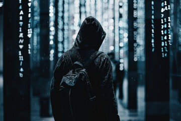 A man in a hoodie is walking through a tunnel filled with bright lights, Explore the relationship between anonymity and privacy in the digital realm