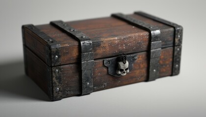 A weathered wooden box with metal accents and a skull-shaped clasp.