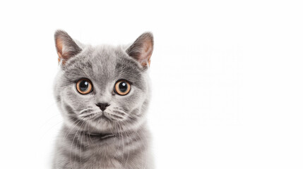 Obraz premium British Shorthair kitten with large, round eyes looking directly at the camera, appearing curious and innocent, isolated on white background.