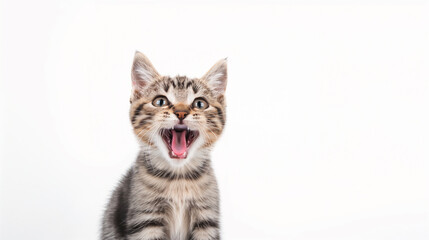 Obraz premium Adorable kitten with an open mouth, looking like it's meowing loudly, isolated on white background.