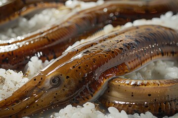 Multiple squids are perched on a bed of rice, displaying their unique texture and colors, Explore the texture and colors of eel skin against the backdrop of a bed of white rice in your artwork
