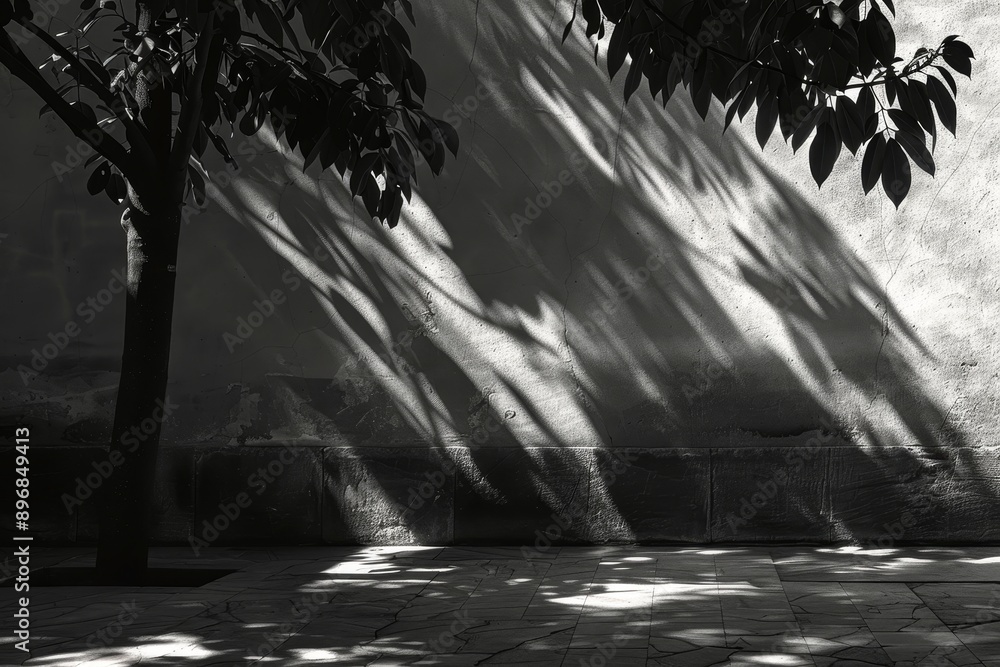 Poster a trees shadow is cast onto a wall, creating an interesting pattern of light and dark shapes, explor