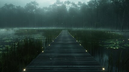 A wooden dock extends into a misty swamp, surrounded by lush vegetation and a rain-soaked forest.