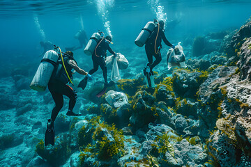 several environmentally friendly divers cleaning trash from the seabed
