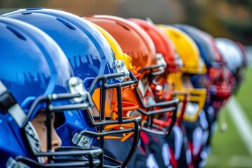 Group of football players in team uniforms lined up on the field before a game starts, Explore the vibrant colors and patterns of team uniforms and equipment