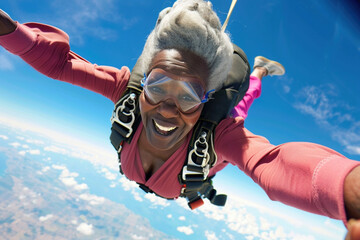 Senior African-American woman enjoying a skydiving experience, freefalling through the sky parachuting with a look of exhilaration. Embrace the carefree spirit of adventure concept