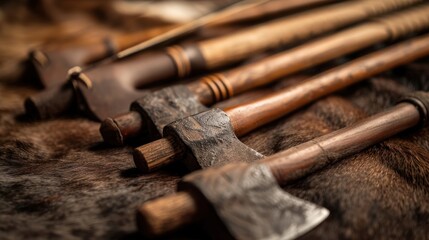 Close up of antique axes and a tomahawk on a fur pelt.