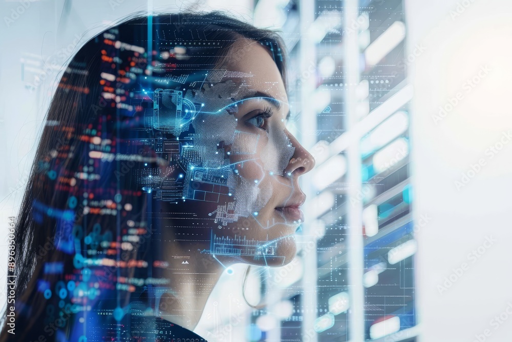 Poster a woman focused on a computer screen as she interacts with virtual assistant technology, exploring t