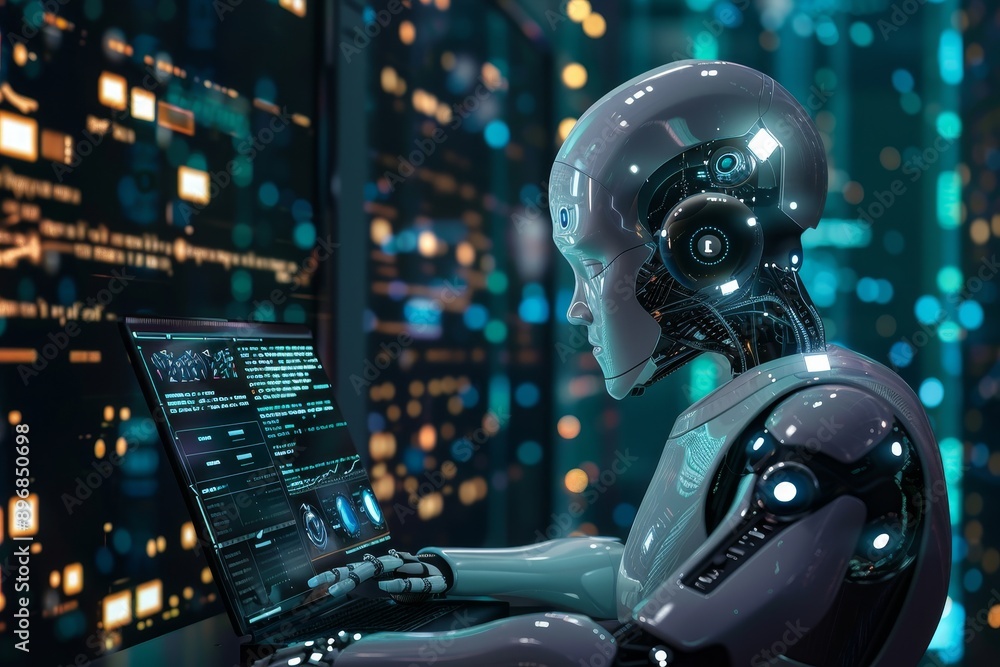 Poster a robot is actively working on a laptop in front of a bustling cityscape, exploring the connection b