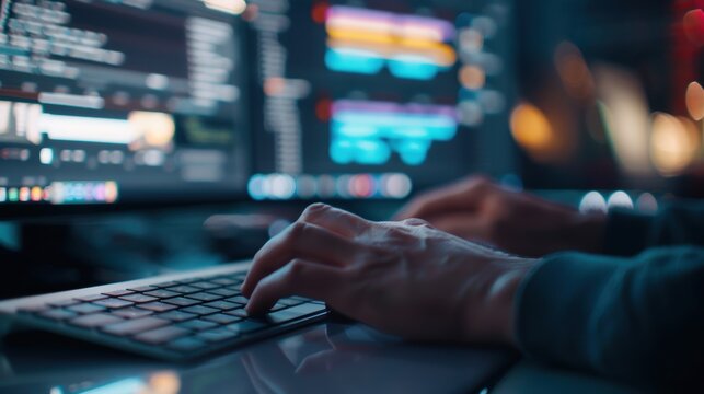 Close-up of hands typing on a keyboard, working late on a computer with code on the screen.