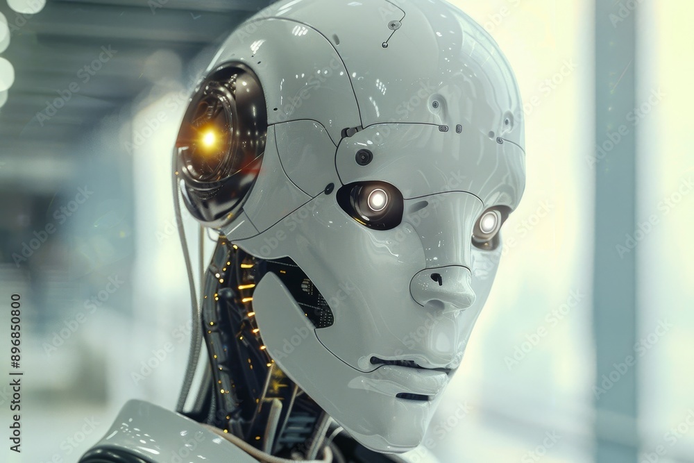 Poster a detailed view of a white robot with illuminated eyes, exploring the connection between artificial 