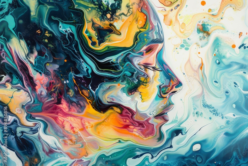 Poster an abstract painting depicting the features of a womans face in a creative and non-representational 