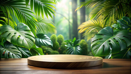 Obraz premium Tropical Product Display with Wooden Platform.