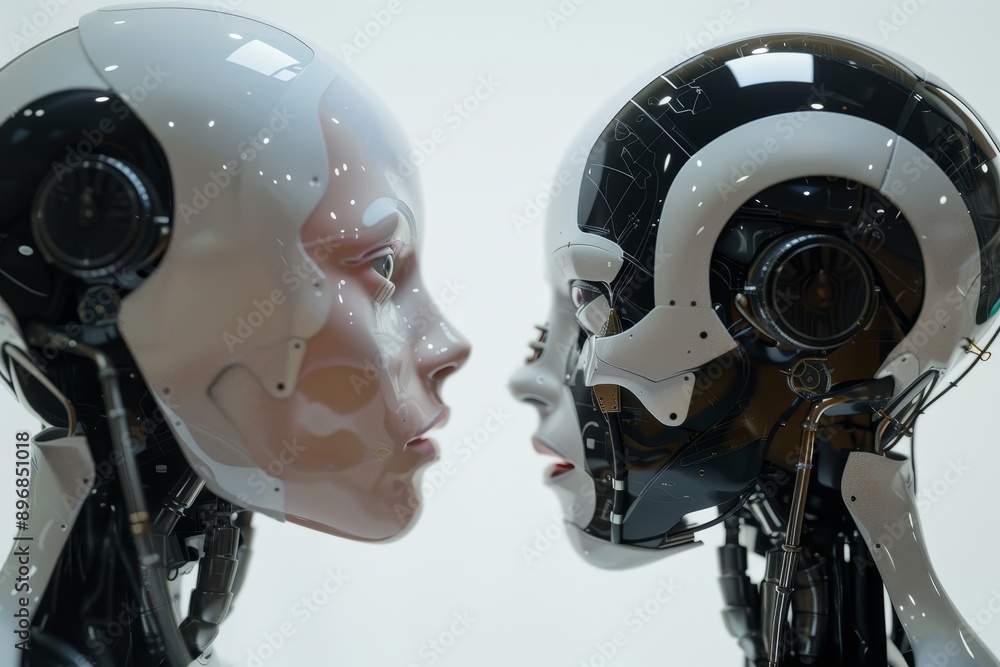 Aufkleber two robots stand facing each other against a white background, exploring the fusion of human and art