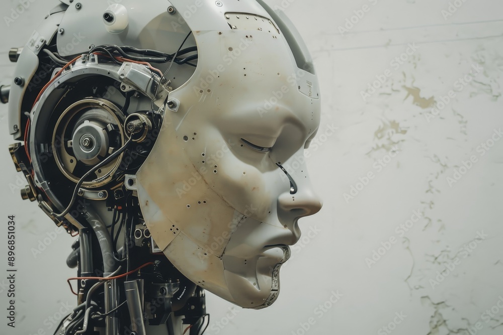 Poster detailed view of a robot head with wires connected, showcasing the integration of technology, explor
