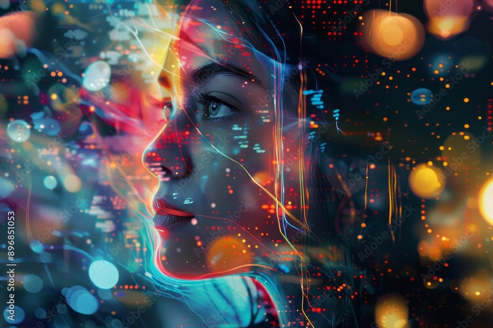 Poster a womans face is illuminated by colorful lights in the background, exploring the fusion of human and