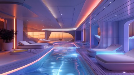 Fototapeta premium Modern Luxury Indoor Pool with Sunset View