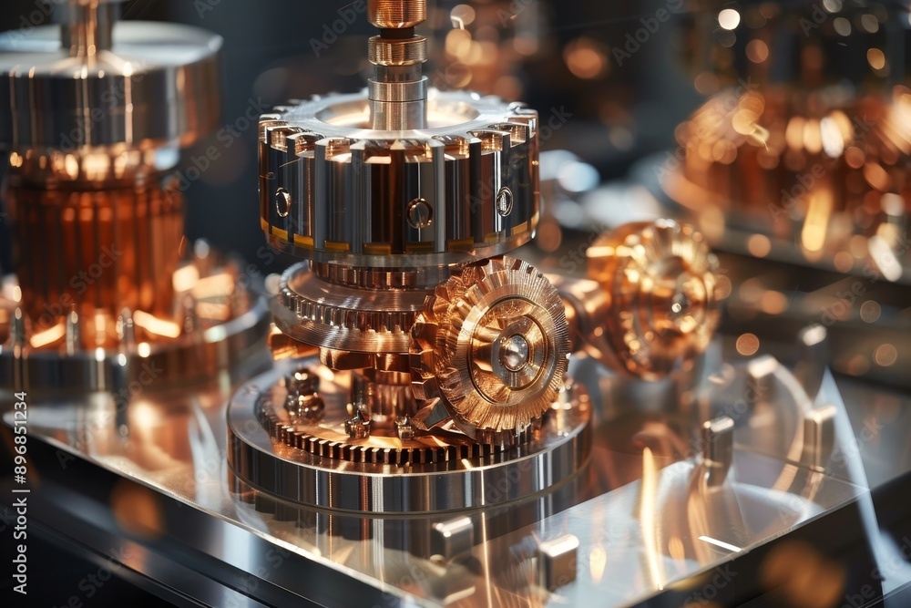 Poster mechanical gears arranged on a tabletop, showcasing intricate precision engineering, exploring the i