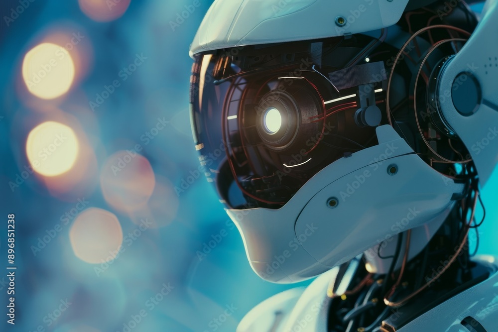 Poster a detailed view of a white robot, showcasing its intricate design and features, exploring the role o