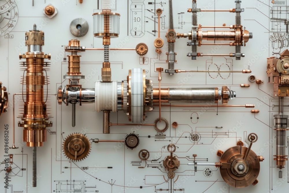 Poster close-up view of mechanical gears in motion on a white background, exploring the intricacies of prec