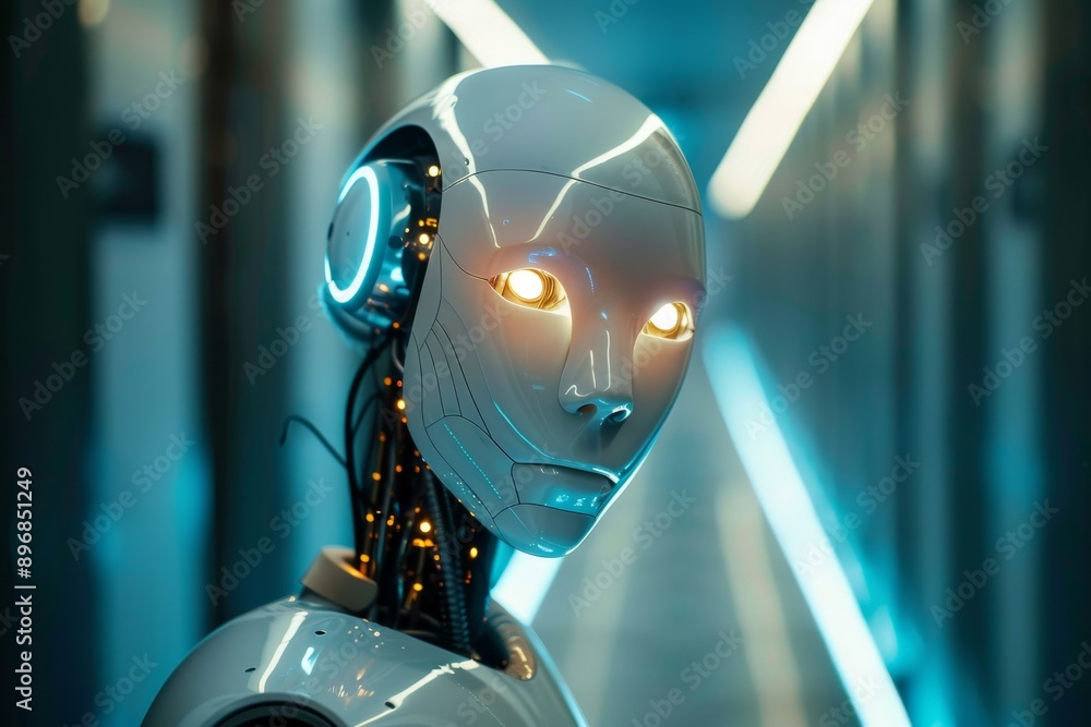 Poster robot walking in hallway, exploring the role of artificial intelligence in enhancing data security p
