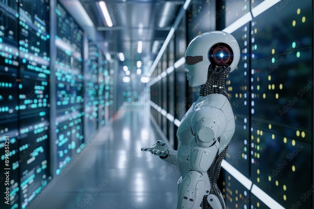 Poster a robot is seen standing amidst the servers in a busy data center, exploring the role of artificial 