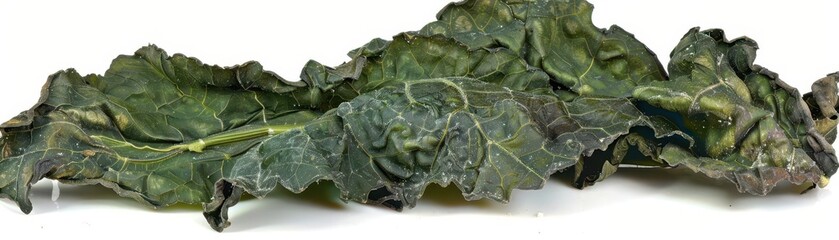 Dried kale leaf, showcasing rich textures and dark green hues, ideal for health food and culinary themes in photography.